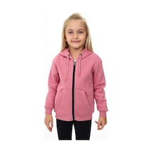 Toontoy Kız Çocuk Bej Kapüşonlu Fermuarlı Cepli Nakış Baskılı Örme Hırka - 2 İplik Şardonlu Gül Kurusu