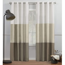 Curtains Chateau Çizgili Suni İpek Halkalı Üst Perde Panel Çifti, 54x84, Beyaz/kum