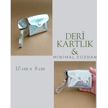 Hakiki Deri Minimal Avuçiçi Simli Gümüş Tasarım Kadın Cüzdan Kartlık Drc-25 Gümüş