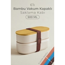 12 Parça Duele Vakumlu Bambu Kapaklı Saklama Kabı 500ml / Çizgili Kayık Saklama Kabı Ekru