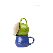 Mukko Home 2'li Emaye Görünümlü Renkli Porselen Kupa Seti Good Morning Gold Yazılı 250 Ml,mavi & Yeşil Beyaz - Çok Renkli