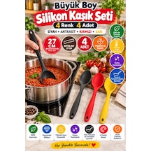 4'lü Set Siyah Antrasit Kırmızı Sarı, Büyük Boy Silikon Kaşık 27 Cm, Yemek Pişirme Ve Servis Kaşığı.