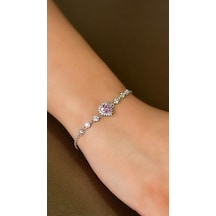 Pembe Taşlı Rodyum Kalp Anturaj Gümüş Bileklik