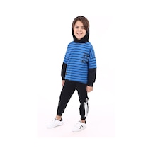 Toontoy Kids Toontoy Erkek Çocuk Çizgili 2'li Takım Baskılı Kapüşonlu Sweatshirt & Beli Paçası Lastikli Cepli Jogger Eşofman Altı - Renk Bloklu & 2 İplik Saks