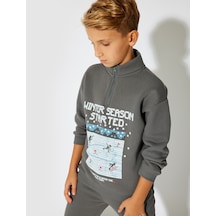 Koton Sweatshirt Dik Yaka Uzun Kollu Kış Temalı Baskı Detaylı Şardonlu Antrasit 5wkb10321tk Antrasit