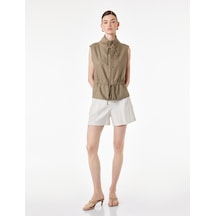 Koton Fermuarlı Beli Bağlama Detaylı Kolsuz Dik Yaka Keten Yelek Haki 6sak20121uw