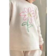 Kız Çocuk Gofre Kumaş Papatya Çiçek Nakışlı Alt Üst Takım Ekru