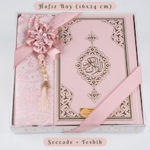 Kuran + Seccade + Tesbih Hediye Seti Hafız Boy, Ekonomik Cilt, Desenli Kutu, Pembe