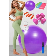 10 Lu Pilates Topu Seti Takımı 3 Lü Pilates Bandı Lastiği 1 Kg Dambıl El Yayı Set Mor