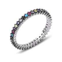 Mix Taşlı Tek Sıra Tamtur Gümüş Yüzük