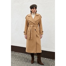 Sateen Apoletli Ve Belden Kuşaklı Uzun Kaban Camel