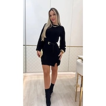 Kadın Uzun Kollu Yuvarlak Yakalı Kısa Triko Elbise Siyah