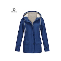 Yeni İlkbahar Ve Sonbahar Kapüşonlu Rüzgarlık Kompozit Kadife Kadın Ceketi Mavi