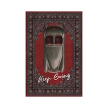 Retro 107 Kırmızı Siyah Vintage Retro Araba Figürlü Keep Going Tasarım Salon Oturma Ev Oda Halısı