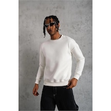 Erkek Düz Bisiklet Yaka 3 İplik Pamuklu Sweatshirt - Beyaz