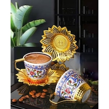 Topkapı Türk Kahvesi Fincan Seti, Çiçek Desenli Porselen, 2 Kişilik, Altın Ve Gümüş Çiçek Motifli Döküm Metal Tabaklı, Geleneksel Tasarım Gold Çok Renkli