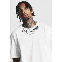 Unisex Beyaz Oversize Yaka Los Angeles Baskılı Örme T-shirt Beyaz