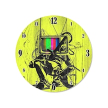 Ahşap Zeminde Tv Ekranı Kafalı Adam Duvar Saati Ahşap