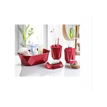 Bordo Prizma 4'Lü Banyo Seti - Banyo Organizer - Banyo Dekorasyon Kırmızı