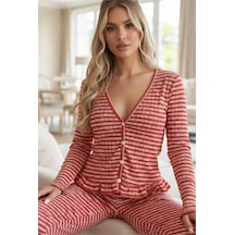 Siyah İnci Bürümcük-krınkıl Uzun Kollu Düğmeli Örme Pijama Takım 7990 Kırmızı