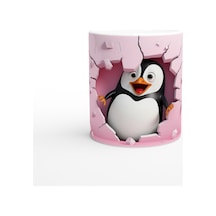 Pembe Duvarı Delen Neşeli Penguen Temalı Baskılı Kupa Bardak Renkli