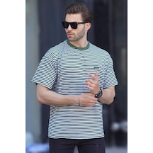 Madmext Haki Bisiklet Yaka Çizgili Kısa Kollu Arma Detaylı Erkek T-shirt 7031 Haki