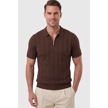 Rizzup Erkek Fermuarlı Polo Yaka Çizgi Dokulu Kahve Triko Tişört Regular Fit Yumuşak Dokulu 2608007 Kahverengi