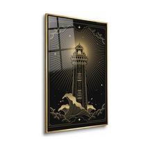 Dalgalarda Altın Deniz Feneri Gold Çerçeveli Cam Tablo