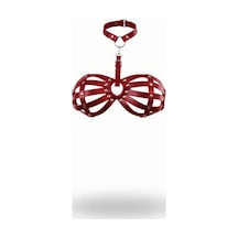 İkikareshop Kırmızı Göğüs Harness Deri Kafesli Zımba Detaylı Boyunluk - Brf224 Çok Renkli