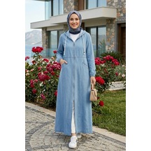 Hb Harma Time Butik Kadın Kapüşonlu Fermuarlı Cepli Açık Mavi Kot Kap
