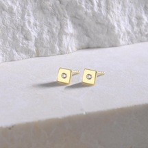14 Ayar Altın Tek Taşlı Kare Küpe 0,91 Gr-5131