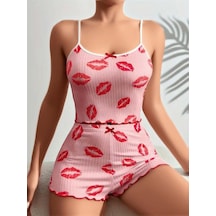 Red Womans Pamuklu Kiss Öpücük Desen Pembe Şortlu Pijama Takımı