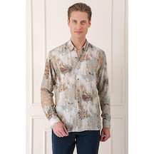 Efor Comfort Fit Düğmeli Yaka Batik Desenli Pamuk Vizon Gömlek G 1566 Vizon