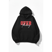 Uyguntarz Unisex Yumuşak Dokulu Over Thinking Baskılı Tasarım Oversize 3 İplik Hoodie Sweatshirt siyah