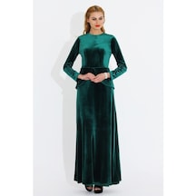 Nidya Moda Büyük Beden Kadife Peplumlu Elbise-4044Y Yeşil