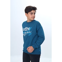 Toontoy Kids Toontoy Erkek Çocuk Relax Fit Bisiklet Yaka Düşük Omuz Baskılı Sweatshirt - 2 İplik Petrol Mavi