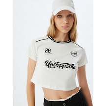 Koton Crop Tişört Slogan Baskılı Bisiklet Yaka Biyeli Slim Fit Ekru 4sal11218ık Ekru