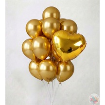 Metalik Altın Balon Seti 11 Li + 18 İnç Gümüş Kalp Folyo Balon Parti & Doğum Günü Metalik Altın