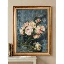 Varaklı Gold Çerçeveli Yağlı Boya Dokulu Salon Tablosu - Turkuaz Mavi Fonda Pembe Güller Klasik Vintage Duvar Tablosu 50x70 Cm / Çerçeveli 60x80 Cm