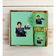 Bk Gift Kişiye Özel Dtf The Baba Karikatürlü Yeşil Defter + Kahve Fincanı + Mum Seti 1