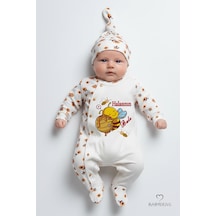 Babyden's Halasının Balı Yazılı Yenidoğan Bebek Tulumu Şapka Seti Arı Desenli %100 Pamuk Çıtçıtlı Bebek Tulum Ekru - Çok Renkli
