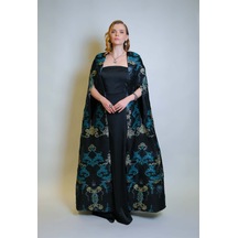 Crystalia Özel Turkuaz Desen Jakar Kumaş Ve Straplez Saten Elbise Kaftan Set Çok Renkli