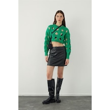 Yeşil Oversize Delikli Triko Crop Kazak - Yeşil