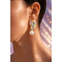 Pearl Collection Renkli Mineli Gold İnci Küpe Altın Altın