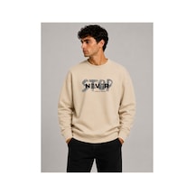 Herkesemoda Stop Never Detaylı Bisiklet Yaka Şardonlu 2 İplik Sweatshirt Bej