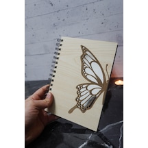 Kelebek Desenli Ahşap Kapaklı Defter - Ajanda - Günlük - Çizgisiz Defter - Notebook - Hediyelik