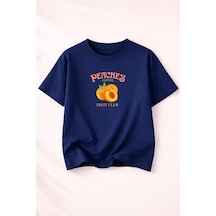 Herkesemoda Peaches Baskı Detaylı Kadın Bisiklet Yaka Pamuklu T-shirt Lacivert