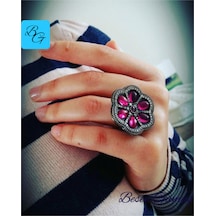 Oval Pembe Zirkon Taşlı Otantik Papatya Model Yüzük Gümüş - Rose Gold