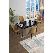 Canisa Concept Han Serisi 70x114 Açılabilir Mdf Mutfak Masası Takımı Siyah Mermer Desen Masa 4 Cappucino Sandalye Masa Siyah Mermer Desenli Sandalyeler Cappucıno