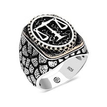 Gümüş Adalet Terazisi Oval Erkek Yüzük Çok Renkli